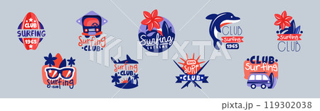 Extreme Surf Club Badge and Logo Design Vector Set 119302038