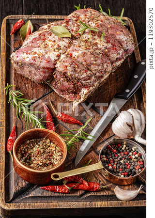 Prepared for roast Raw Pork neck butt, top view 119302570
