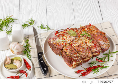 Prepared for roast Raw Pork neck butt, top view 119302571