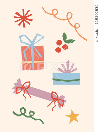 Modern Merry Christmas card vector illustration. Hand drawn cute festive xmas design with gift boxes, ribbons and holly berries on pastel pink background, minimal geometric style, retro color palette 119302656