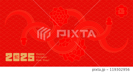 Chinese New Year 2025 greeting card template, the year of the snake design, red and gold line art intertwined snake characters, simple design Asian elements. Chinese translation - snake. Chinese New Year 2025 greeting card template, the year of the snake design, red and gold line art intertwined snake characters, simple design Asian elements. Chinese translation - snake. 119302956