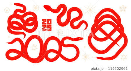 Chinese new year 2025 Tangled snakes set. Animal zodiac characters. Flat red Vector illustration with golden line contour. Chinese new year 2025 Tangled snakes set. Animal zodiac characters. Flat red Vector illustration with golden line contour. 119302961