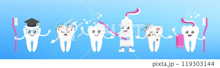 Funny cute smile and sad teeth characters. Dental health. 119303144