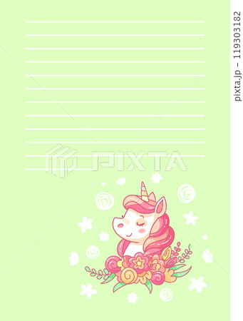 Cute cartoon unicorn smiling surrounded by flowers on a notebook page background with space for text. Vector illustration Cute cartoon unicorn smiling surrounded by flowers on a notebook page background with space for text. Vector illustration 119303182