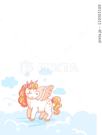 Cartoon unicorn is flying in the sky, surrounded by clouds, ideal for children s projects. Vector illustration Cartoon unicorn is flying in the sky, surrounded by clouds, ideal for children s projects. Vector illustration 119303189