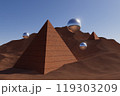 3d render illustration Three pyramids are shown in a desert landscape with a clear blue sky 119303209