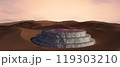 3d render illustration A large, circular structure is sitting in the middle of a desert 119303210