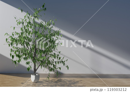 A3d render illustration potted plant sits in a white pot on a wooden floor in a room with a white wall A3d render illustration potted plant sits in a white pot on a wooden floor in a room with a white wall 119303212