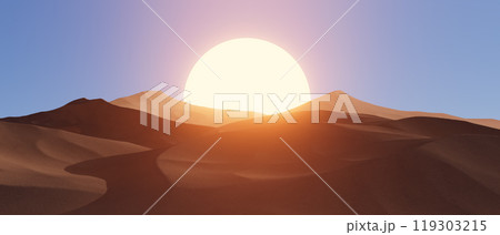 3d render illustration A desert landscape with a large sun in the sky 3d render illustration A desert landscape with a large sun in the sky 119303215