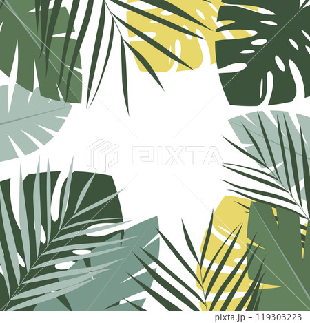 Flat tropical leaves background. Frame of bright tropical plants Hand painted monstera and palm leaves Flat tropical leaves background. Frame of bright tropical plants Hand painted monstera and palm leaves 119303223