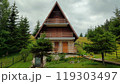 A quaint little wooden house situated right in the middle of a lush forest 119303497