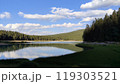 A large body of water that is completely surrounded by trees and rocks 119303521