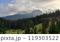 A scenic view with colorful trees and grand mountains behind 119303522