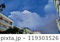 As I look up at the cloudy sky above, I see buildings in the foreground 119303526