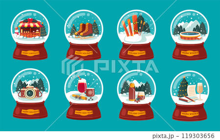 Festive Snow Globes Collection, 8 Christmas Themes in Vector illustration 119303656