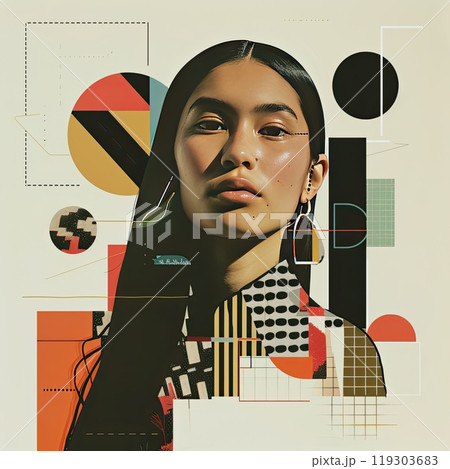 A portrait of a woman with long hair surrounded by geometric shapes 119303683