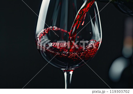 Red wine is being poured into a wine glass on a black background 119303702