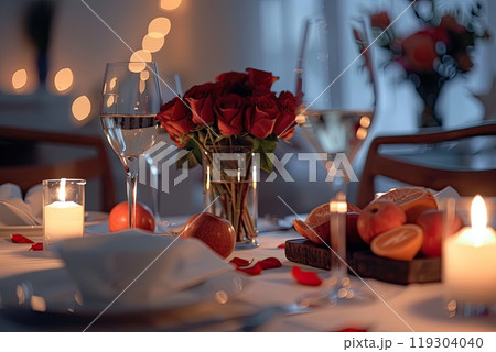 A dining table decorated with candles and flowers set for a meal 119304040