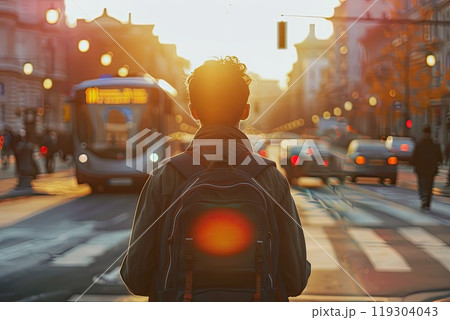 A man wearing a backpack is strolling along a bustling urban street 119304043