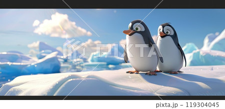 Two penguins standing on a snowcovered iceberg in the sky 119304045