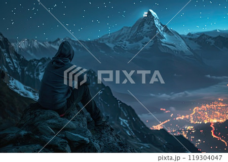 A man sits on a mountain, looks at a city at night 119304047