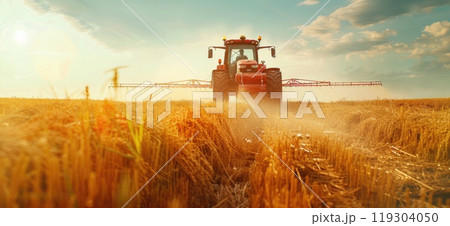A tractor is spraying fertilizer on a lush green field in the countryside 119304050