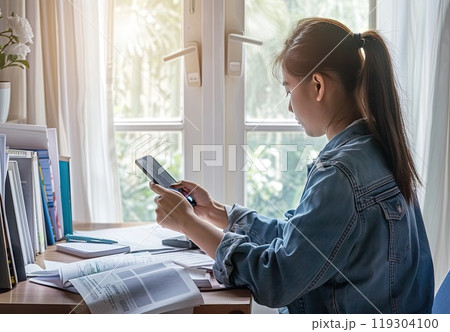 In the room, a woman is seated at a desk and holding a cellphone 119304100