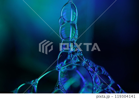Bright reflection of liquid in macro, blue and silver colors, rainbow background, Blue bubbles in macro, connection of bubbles in macro, cell from liquid, molecules connection, ultra macro 119304141