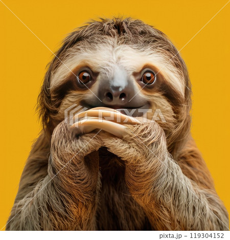A threetoed sloth is grasping a banana with its paws 119304152
