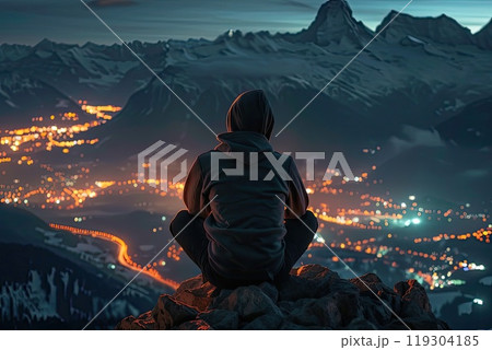 A man sits on a mountain, looks at a city at night 119304185