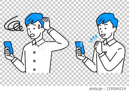 A set of casual men operating a smartphone (trouble/fist pose) A set of casual men operating a smartphone (trouble/fist pose) 119304214
