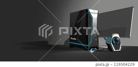 A computer monitor is on a desk near a computer case 119304229