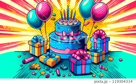 Pop Art Birthday with Cake, Balloons, and Gift Boxes 119304314
