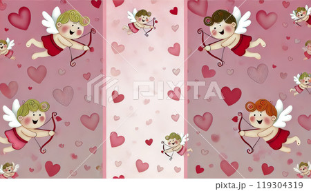 Cute Cupids with Hearts and Bows in a Romantic Background 119304319