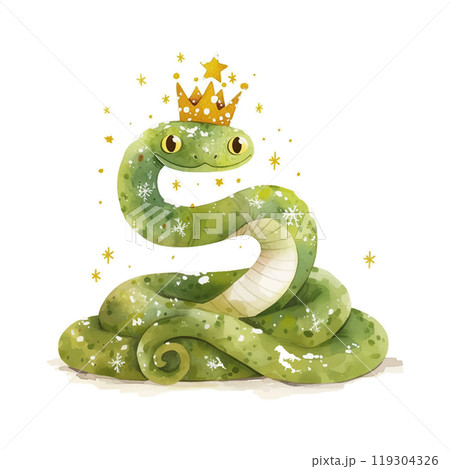 A green snake with a crown on its head. The snake is sitting on a white background. The snake is wearing a crown and has a star on its head 119304326
