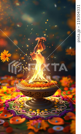 Diwali Ritual Fire Lamp with Floral Decorations 119304331