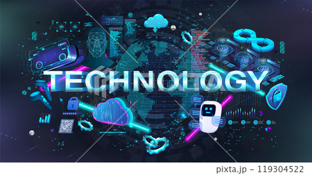 Hi-tech banner. Virtual reality technologies and networks powered by software. AR, VR Hi-tech banner. Virtual reality technologies and networks powered by software. AR, VR 119304522