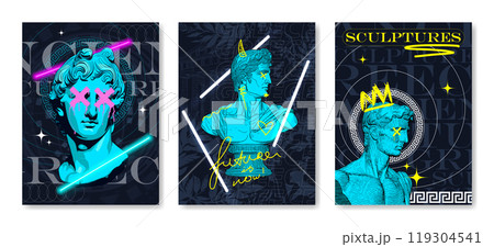 Poster mockup with 3D bust and neon lamps. Statues of ancient antiquity in a modern style 119304541