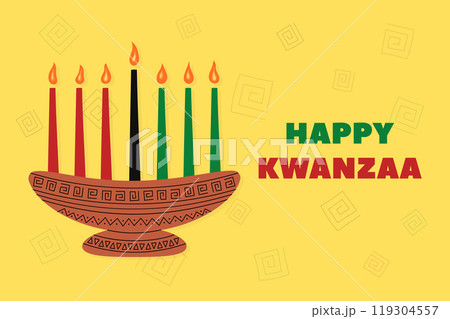 Happy Kwanzaa holiday poster. Horizontal vector illustration of African kinara Kwanzaa symbol and text on yellow background. Seven lit candles in holder with traditional ornament 119304557