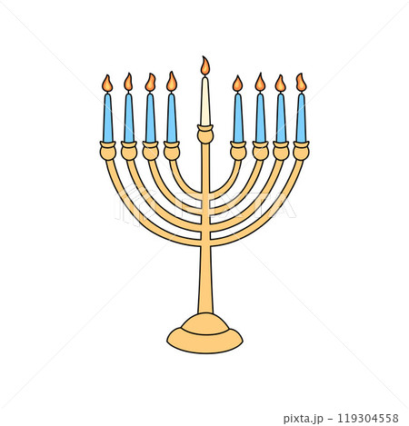 Hanukkah menorah doodle vector illustration isolated. Traditional Jewish chanukiah candle holder with nine outline lit candles on white background. Festival of lights symbol 119304558