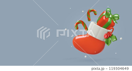 3d Christmas stocking with gifts box candy canes and holly berry red Santa sock background 119304649