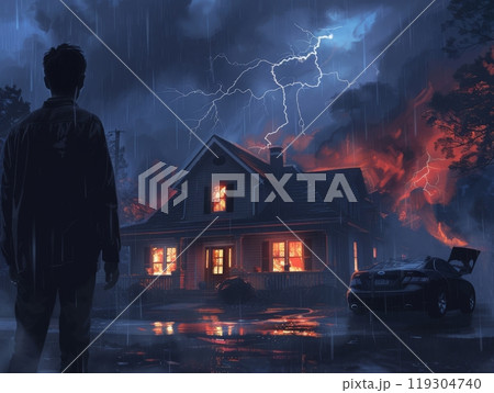 Man standing in front of burning house during a storm 119304740
