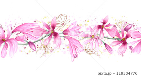 Spring delicate abstract pink flower heads and flying golden butterflies hand painted horizontal seamless banner on watercolor splashes. Vintage magnolia flowers for textile, wedding decor Spring delicate abstract pink flower heads and flying golden butterflies hand painted horizontal seamless banner on watercolor splashes. Vintage magnolia flowers for textile, wedding decor 119304770