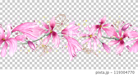 Spring delicate abstract pink flower heads and flying golden butterflies hand painted horizontal seamless banner on watercolor splashes. Vintage magnolia flowers for textile, wedding decor Spring delicate abstract pink flower heads and flying golden butterflies hand painted horizontal seamless banner on watercolor splashes. Vintage magnolia flowers for textile, wedding decor 119304770