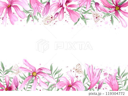 Spring blooming pink flowers, green eucalyptus, fluttering golden butterflies on watercolor splashes horizontal frame. Magnolia flowers illustration with copy space for text. For invitation, greeting Spring blooming pink flowers, green eucalyptus, fluttering golden butterflies on watercolor splashes horizontal frame. Magnolia flowers illustration with copy space for text. For invitation, greeting 119304772
