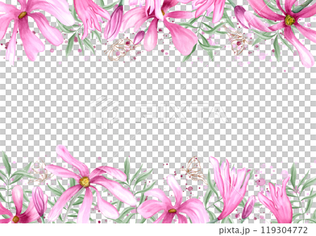 Spring blooming pink flowers, green eucalyptus, fluttering golden butterflies on watercolor splashes horizontal frame. Magnolia flowers illustration with copy space for text. For invitation, greeting Spring blooming pink flowers, green eucalyptus, fluttering golden butterflies on watercolor splashes horizontal frame. Magnolia flowers illustration with copy space for text. For invitation, greeting 119304772