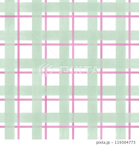 Gingham ornate in pastel colors seamless checkered pattern. Pink, green plaid watercolor illustration. Brush stroke striped, tartan texture. For spring textile, package decor. 119304773