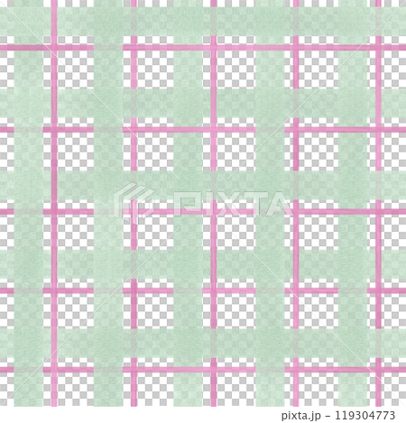 Gingham ornate in pastel colors seamless checkered pattern. Pink, green plaid watercolor illustration. Brush stroke striped, tartan texture. For spring textile, package decor. 119304773