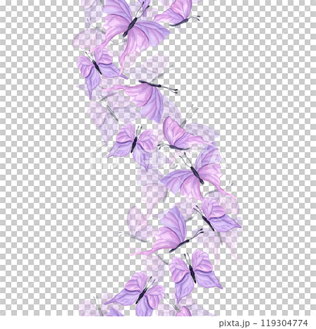 Fluttering delicate pink, purple butterflies vertical curving undulating watercolor seamless banner. Abstract flying tropical insect hand drawn illustration for wedding decor Fluttering delicate pink, purple butterflies vertical curving undulating watercolor seamless banner. Abstract flying tropical insect hand drawn illustration for wedding decor 119304774