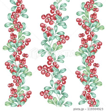 Vertical clusters of red cranberries and green leaves decorate background in this seamless watercolor pattern. Nordic Berry clipart ideal for seasonal branding, fabric designs, or home decor items 119304923